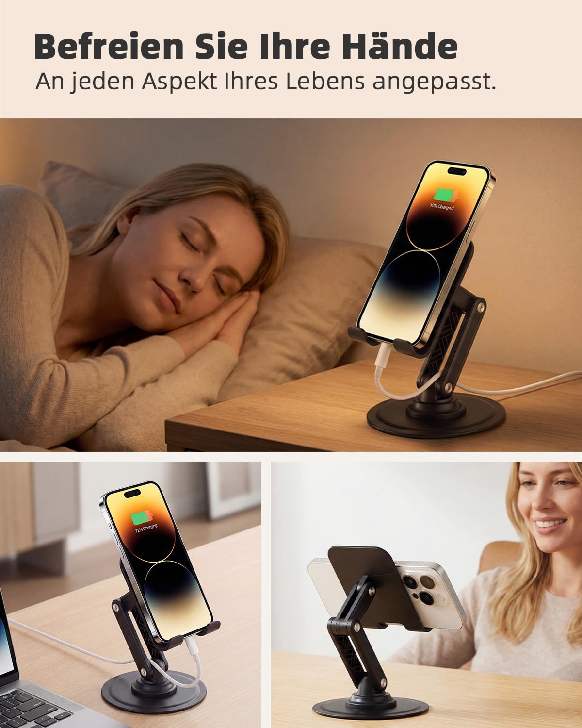 Handyhalterung Tisch，360° Drehbarer Klappbarer Handy Ständer Kompatibel mit iPhone 17/16/15/14/13/12/11 Pro, XR, XS, X, Samsung, Xiaomi