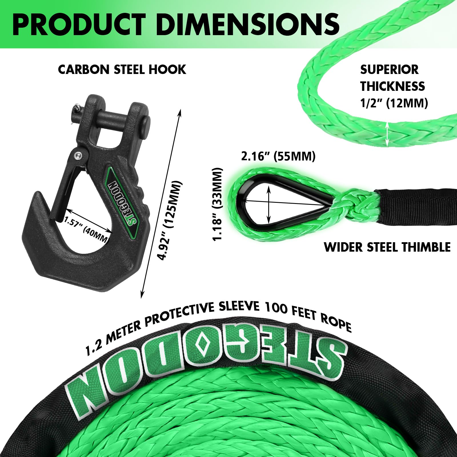 Kit di corda sintetica per verricello da 1/2" x 25,9 m, cavo Dyneema da 14,515 kg con gancio morbido, gancio per verricello e cinghia di sicurezza per traino auto, kit di cavi di recupero per