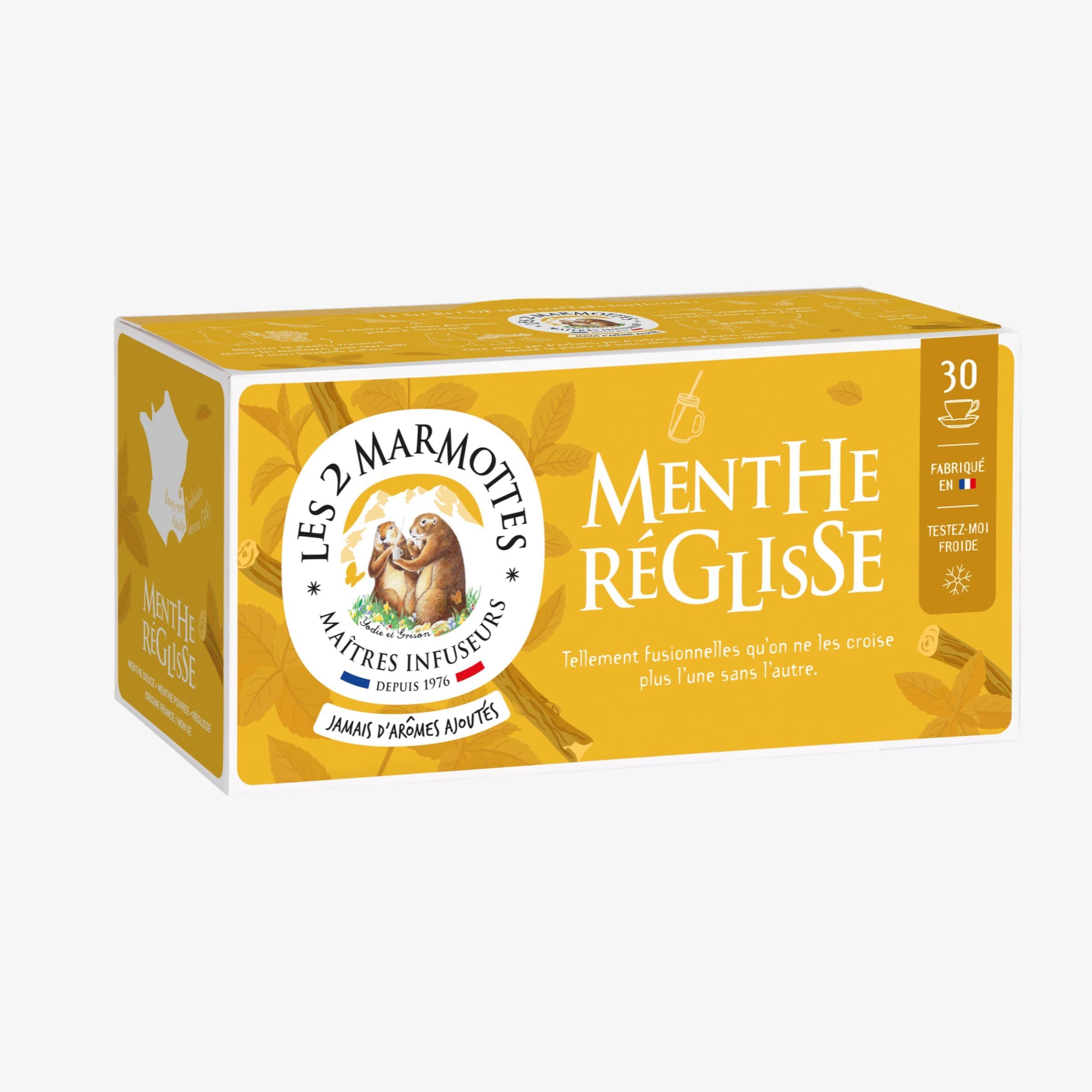 Les 2 Marmottes – ORGANIC Mint Licorice Infusion - Peppermint and Sweet - Fresh and Woody - Gourmet Herbal Tea - Consume Hot or Cold - Made In France - No added flavors -30 Sachets - 42g