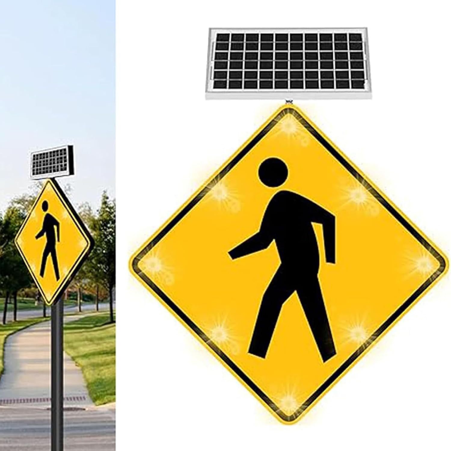 Solar Powered Flashing Pedestrian Crossing Sign, 24"/30" Aluminum Pedestrian Road Warning Signs Traffic, All-Weather Solar LED Traffic Warning Sign,for Park School Urban/Road Commu
