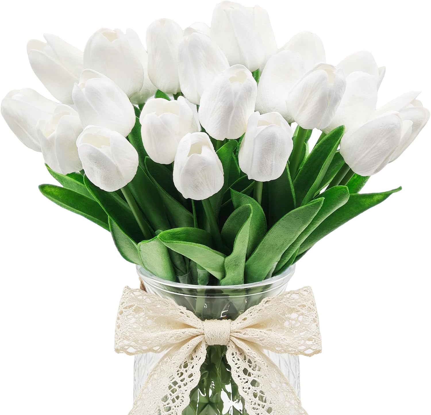 25Pcs Tulips Artificial Flowers, Faux Tulips Artificial Tulips Real Touch Tulip Fake Flowers Bouquets for Spring Wedding Home Kitchen Office Party Decor (White)