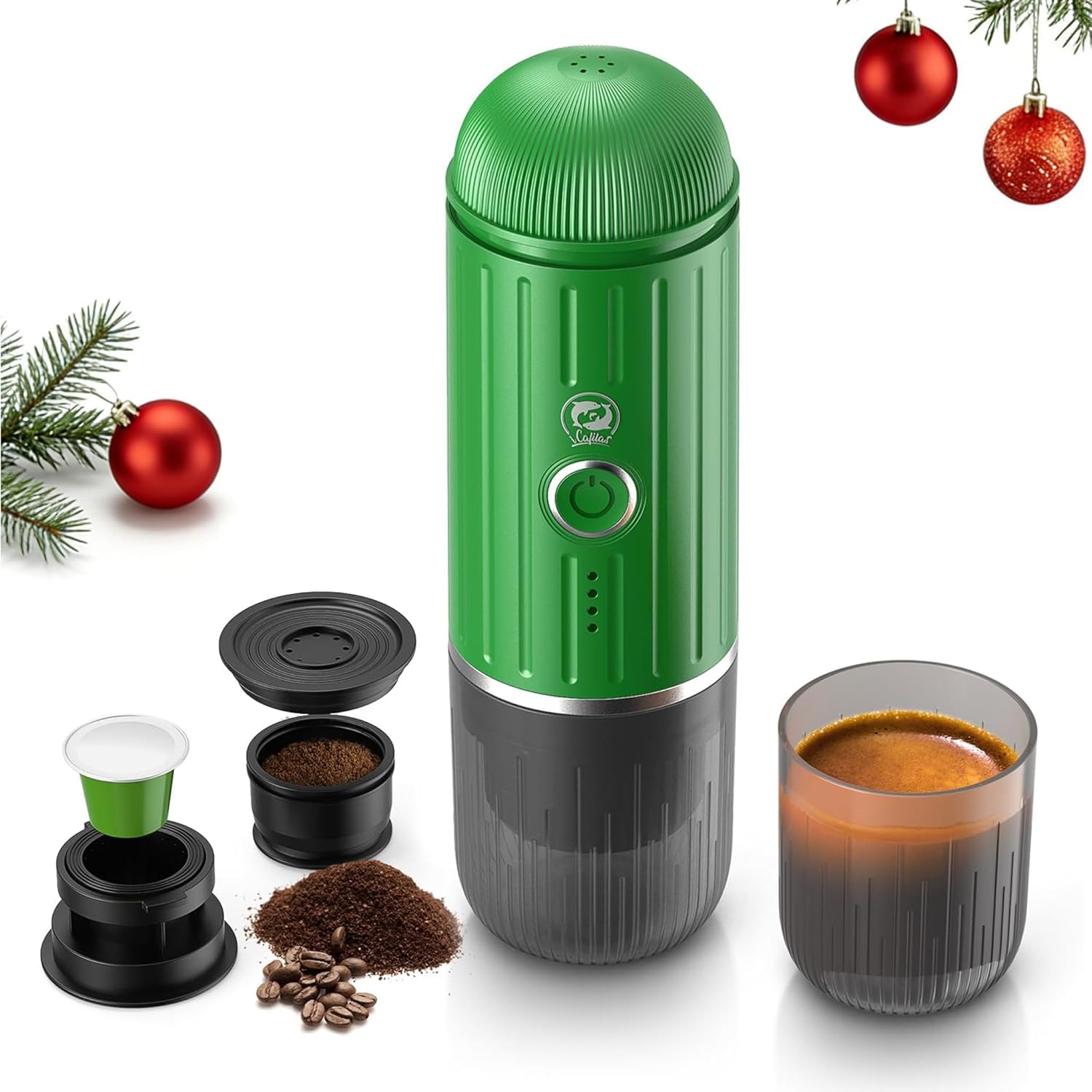 i Cafilas tragable elektrische Espressomaschine 12 V Travel Espresso Machine mini cafetera para ir camping espressomachine, compatible con café molido y cápsula NS (verde)