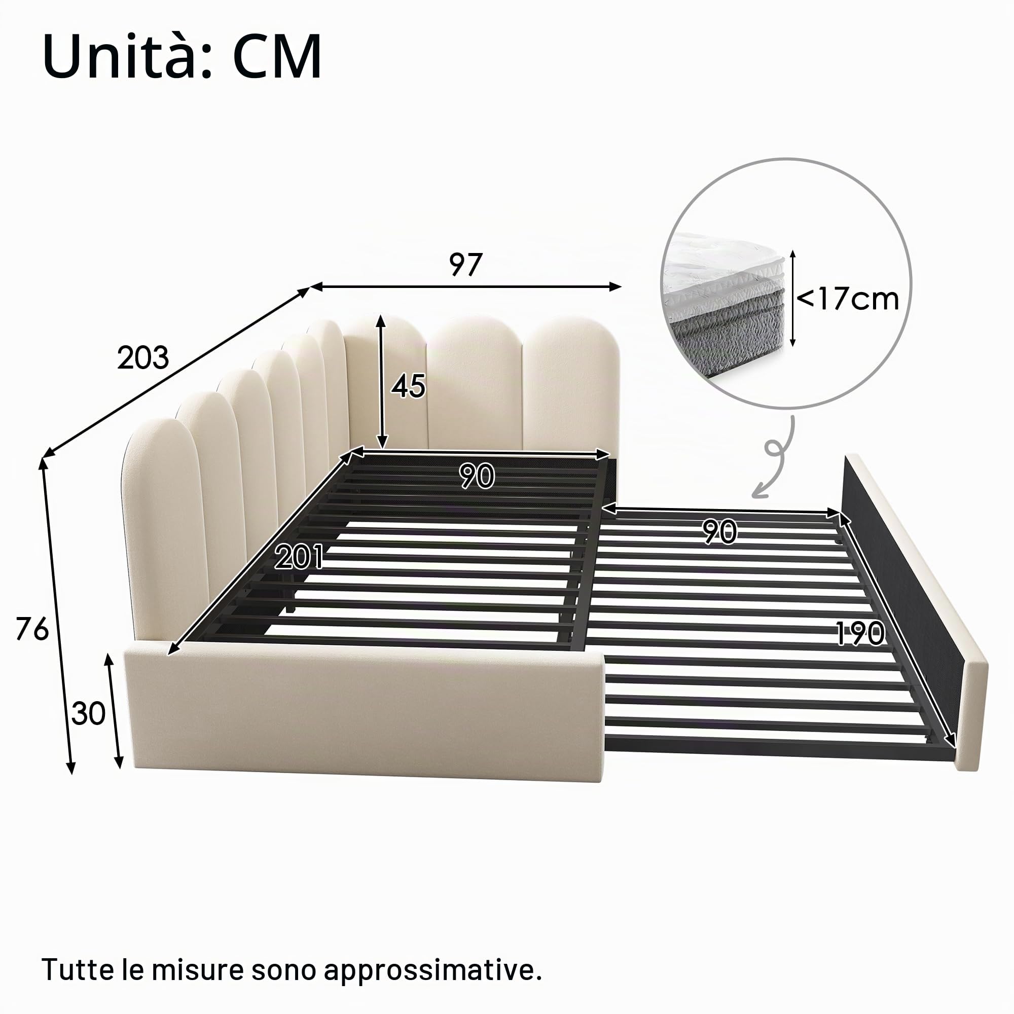 Letto imbottito, 90 x 200 cm, divano letto estraibile 90 x 190 cm, letto per bambini con rete a doghe in metallo, velluto, senza materasso (beige con letto estraibile, 90 x 200 cm)