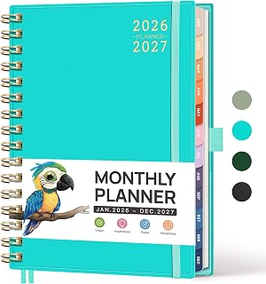 RETTACY 2026-2027 Monthly Planner, Jan 2026 - Dec 2027, Medium Size (5.7" x 8.3"), Agenda, Calendar, 24 Month Tabs, Flexible Plastic Cover, 100 GSM Thick Paper, Spiral-bound (Tiffani Blue)