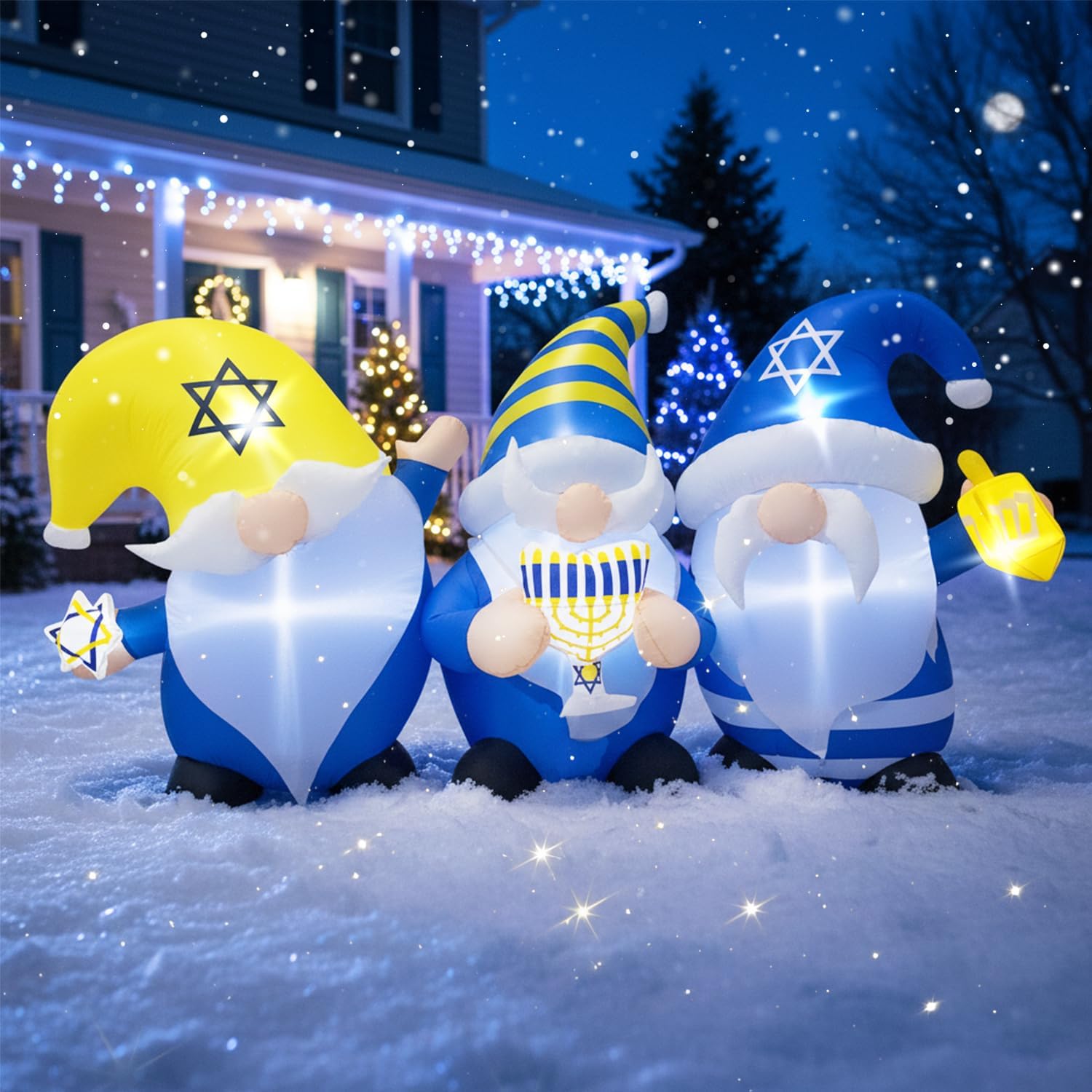 7FT Hanukkah Decorations Outdoor Inflatable Gnomes, Hold Star of David, Dreidel and Menorah, Built-in LED Lights, Chanukah Blow Up Yard Decoration for Lawn Garden Holiday Party