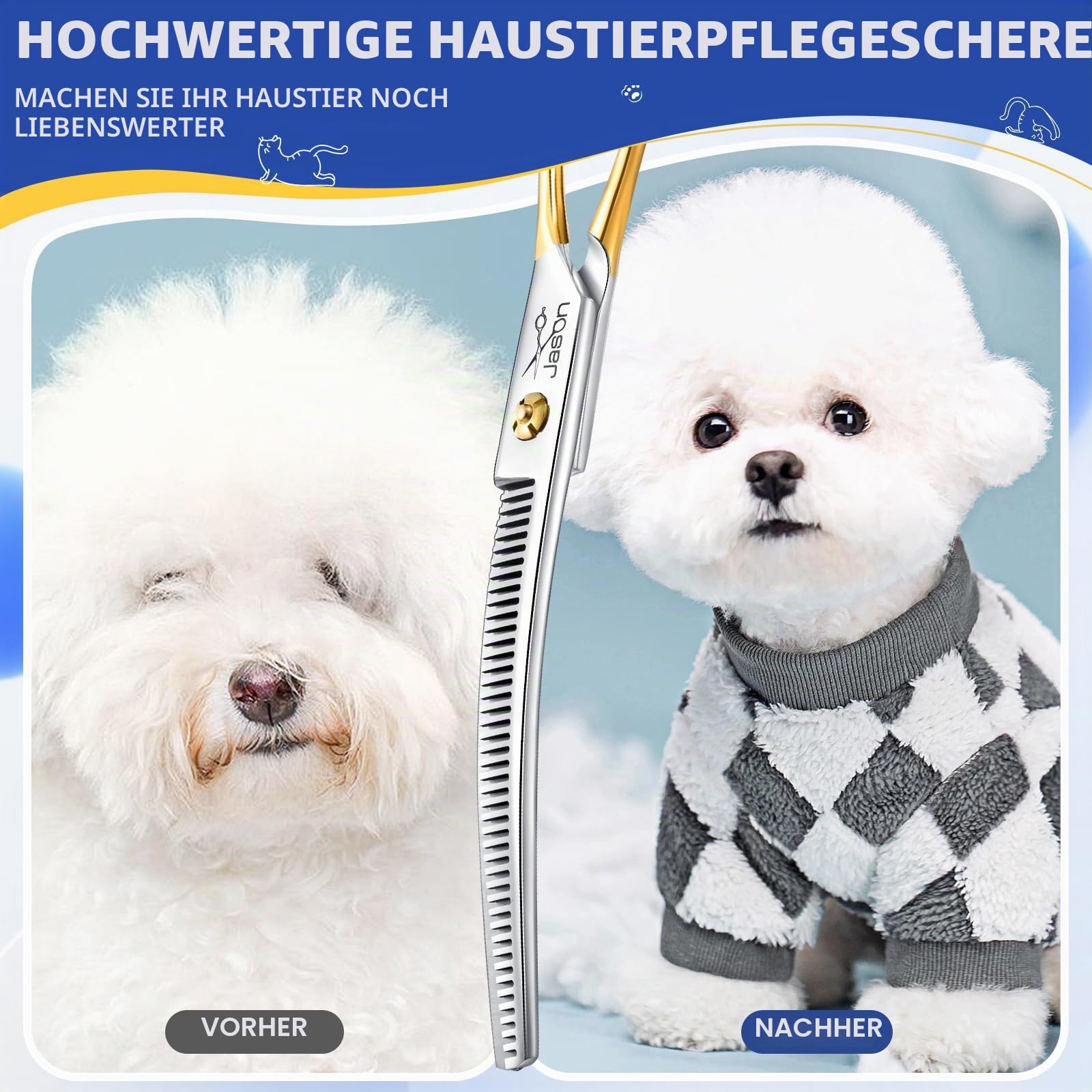 JASON 7.5 Zoll gebogene Effilierschere für Hunde - 43 Zähne professionelle abwärts gebogene Hundeschere aus japanischem 440C-Edelstahl Fellschere mit symmetrischem Griff