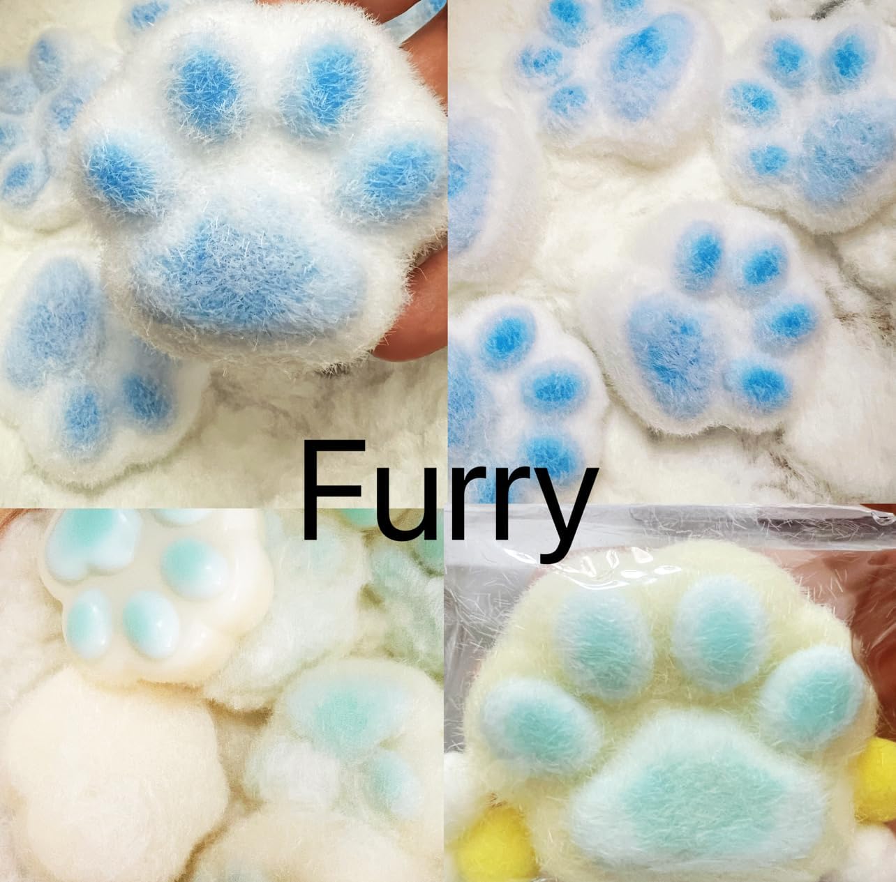 5PCS Handmade Taba Squishy Cat Paw Toys –Soft Jelly Kitty Paw Squeeze Toys, Cute Kawaii Fufu Squishies, Sticky Fur Ball Stress Relief Fidget Toys for All Ages (Blue Sticky+Pink Fur)