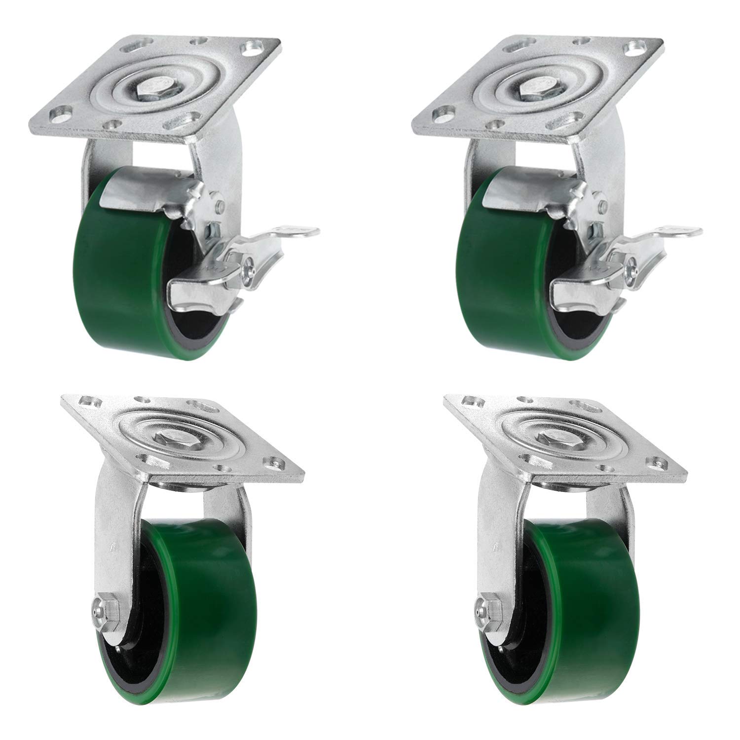 4 4 Pack Plate Caster, Heavy Duty Polyurethane Mold on Steel Wheel, Top Plate Caster Extra Width 2 inches, 2800 lbs Total Capacity (4 inches Pack of 4, Green, 4 Swivel 2 w/Brake)