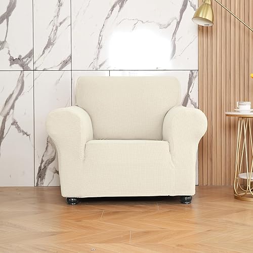 Miniatura 4 de Qubjus Funda elástica individual suave para sofá, protector de muebles de 1 plaza, transpirable, lavable, tela jacquard a cuadros pequeños con parte