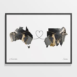 Australia to Sudan Print, Sri Lankan Marble Two Countries Map Poster, Travel Art, Travel Abroad Gift