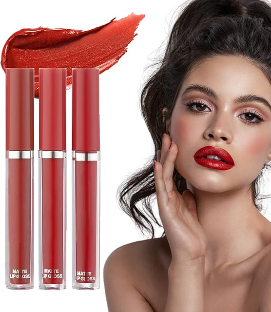 Matte Lip Gloss Set - Lipsticks for Women Long Lasting - 3Pcs Non Stick Cup Pumping Lip Gloss Waterproof Lipgloss - Not Fade High Pigmented Velvet Red Lipstick Sets - Beauty Makeup Kit