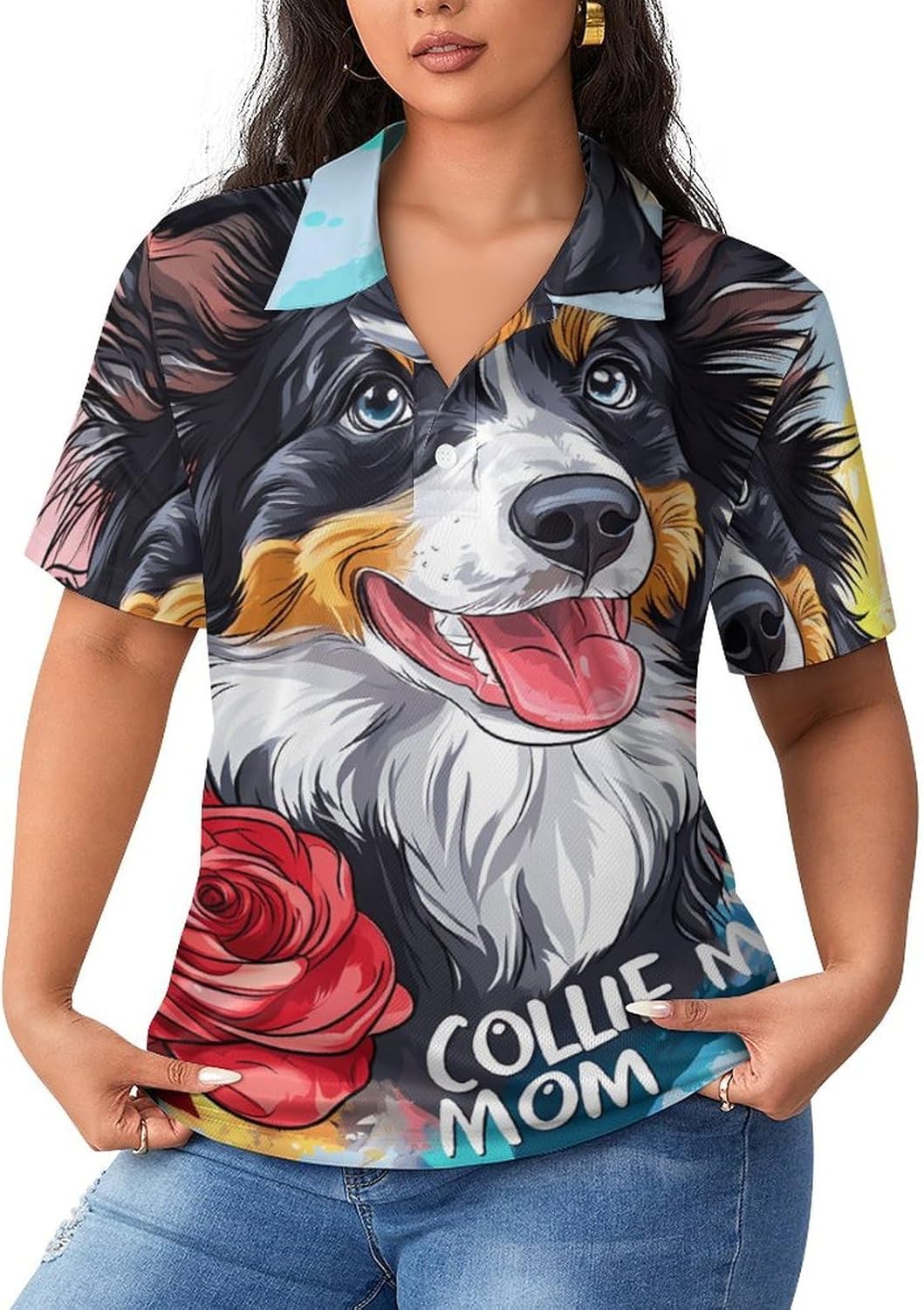 Collie Dog Mom Womens Golf Polo Shirts Summer Short Sleeve Collared 3 Buttons T Shirt Activewear Tops