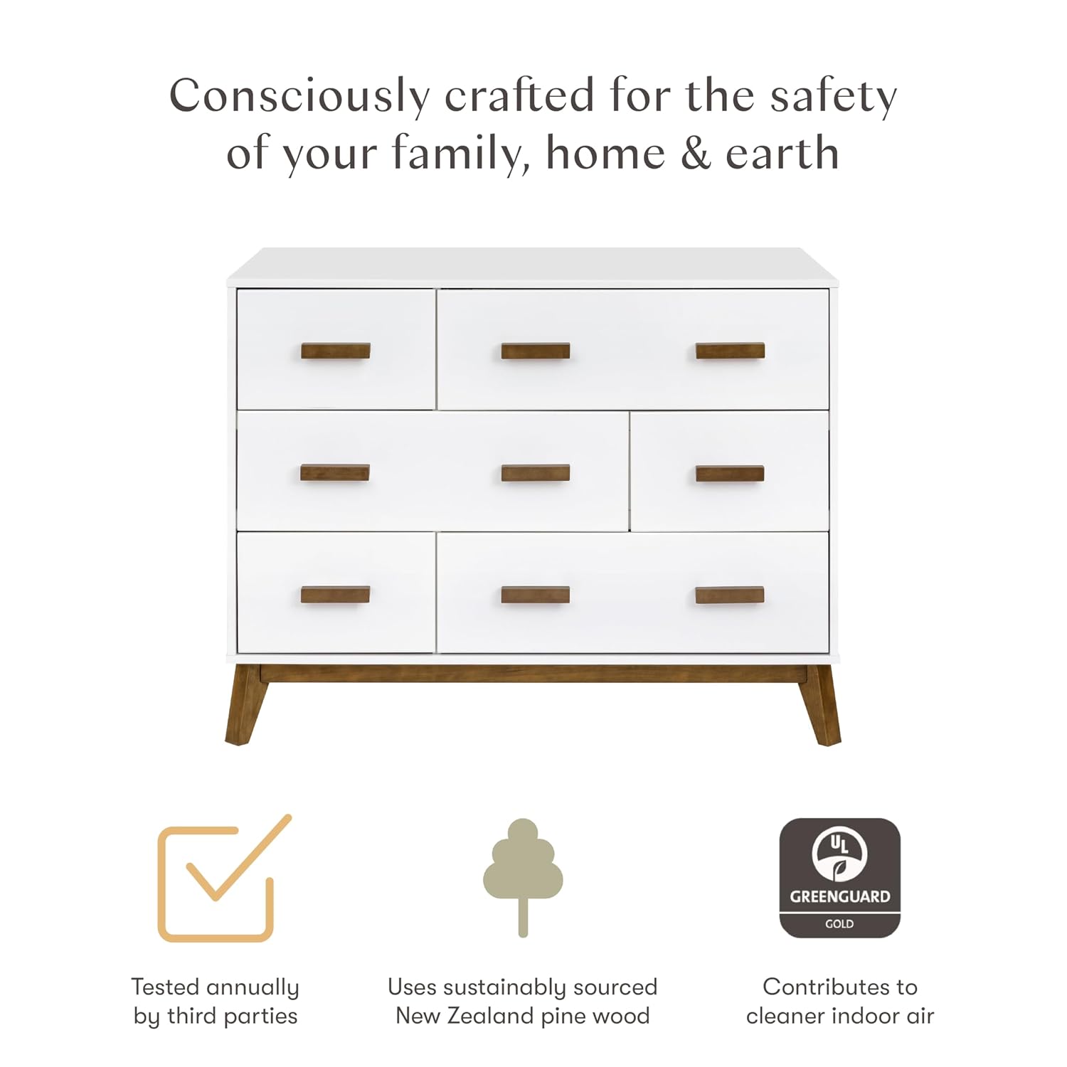 Babyletto Scoot 6-Drawer Dresser in White and Natural Walnut, Greenguard Gold Certified