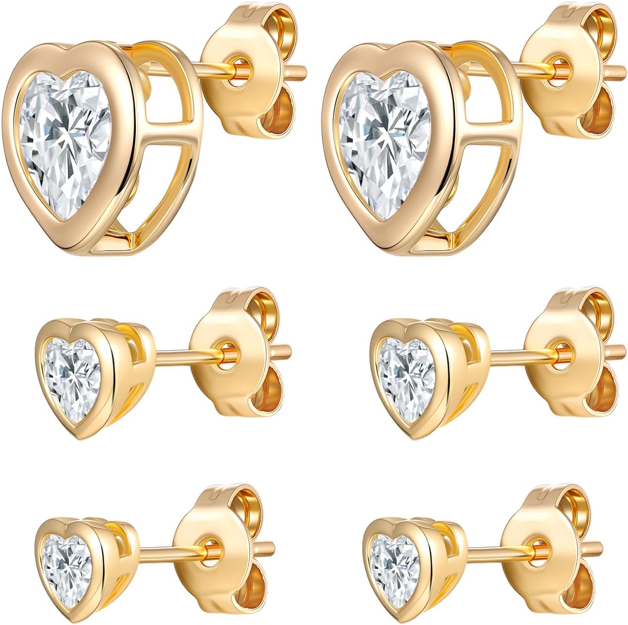 VOLUKA Cubic Zirconia Stud Earrings for Women - 3 Pairs 18K Push Back Hypoallergenic for Sensitive Ears Ears Simulated Diamond CZ