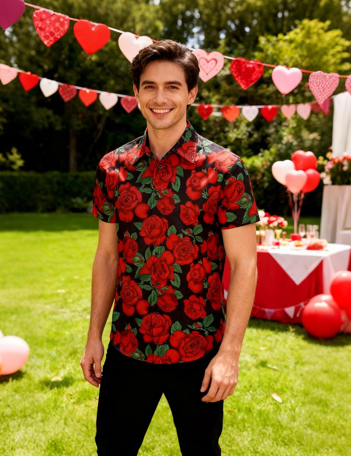 LINOCOUTON Men's Valentines Short Sleeve Button Down Shirts