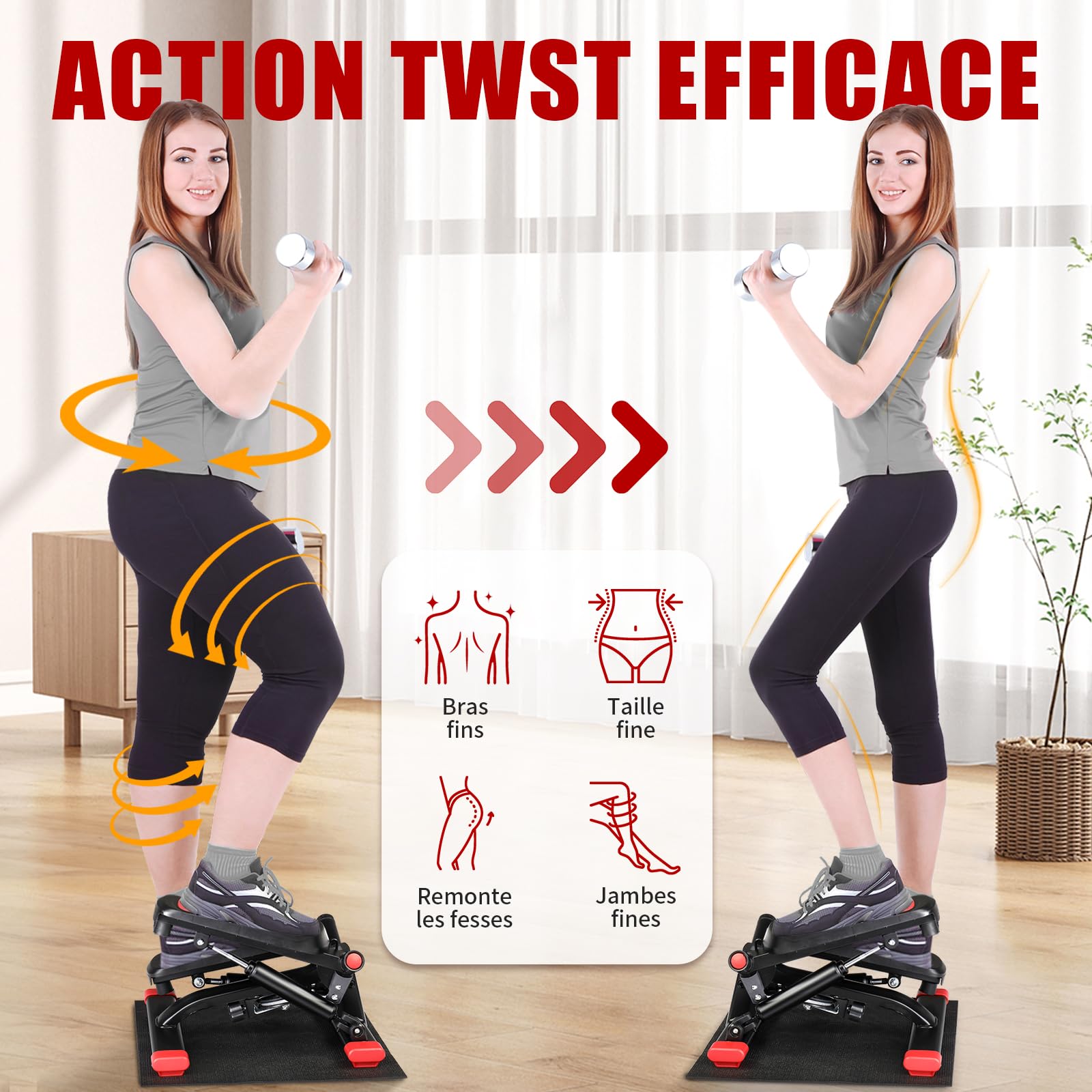 LEADZM Mini Stepper avec Coussinet Silencieux, Stepper de Fitness 2 en 1 avec Bandes de Résistance, Écran LCD, Compteur de Calories, pour L'entraînement des Jambes et des Bras Fessiers, Noir et Rouge