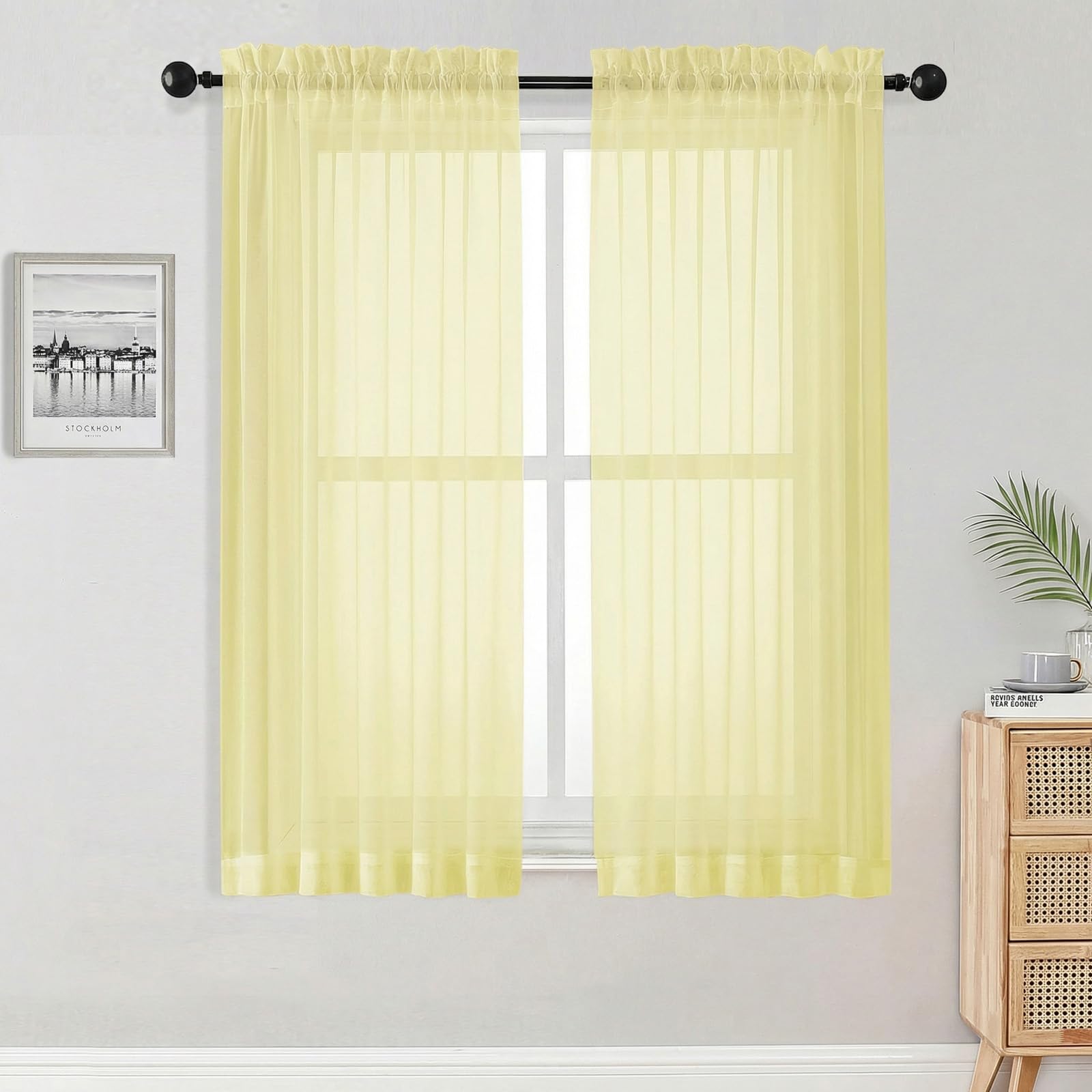 OWENIE Sheer Curtains 63 Inch Length 2 Panels Set for Bedroom Living Room, Modern Soft Solid Light Filtering Sheer Curtain, Rod Pocket Window Treatments, 42" Wx63 L, Light Yellow
