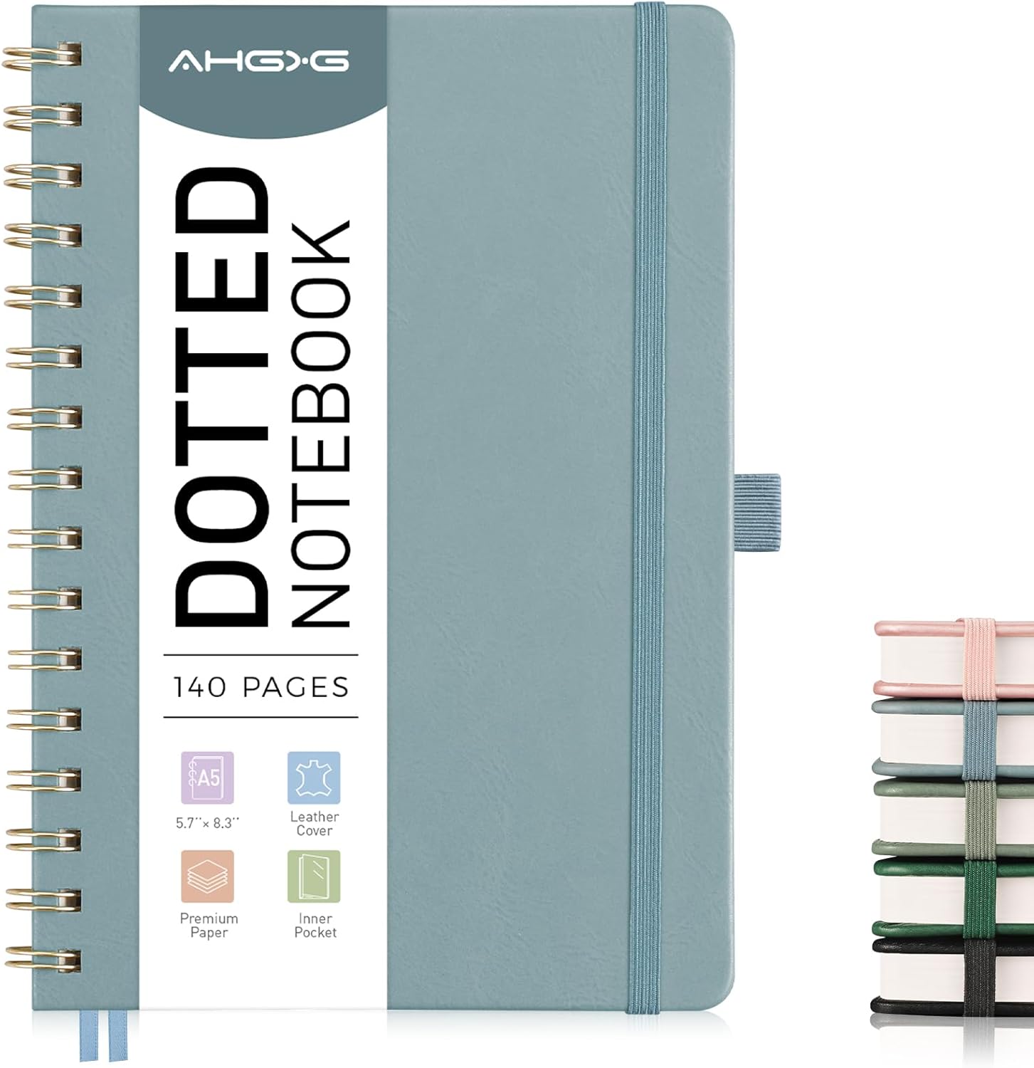 AHGXG Bullet Dotted Journal Spiral Notebook, Hardcover Leather Dotted Notebook 140 Pages, A5 Dot Grid Paper Notebook, 100 gsm Thick Paper, for Bullet Journaling, 5.7" x 8.3", GrayBlue
