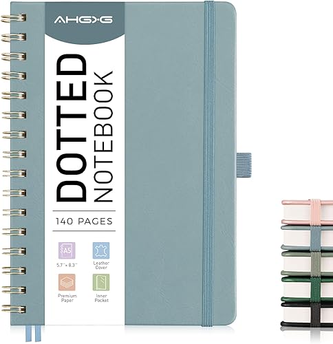 Miniatura 1 de AHGXG Cuaderno de espiral con puntos y viñetas, cuaderno de cuero de tapa dura de 140 páginas, cuaderno de papel de cuadrícula de puntos A5, papel