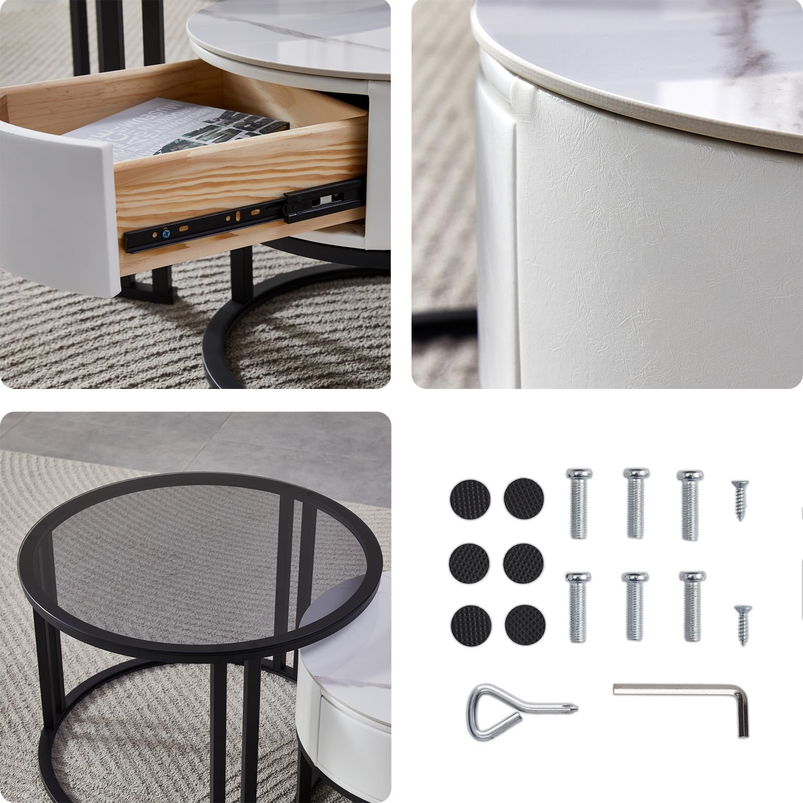 SHARPDO Couchtisch 2er Set Rund, Steinplatte mit Schublade in Lederoptik, Gehärtetes Glas mit Metallrahmen, Moderner Wohnzimmertisch Weiß, Ø60cm Ø45cm
