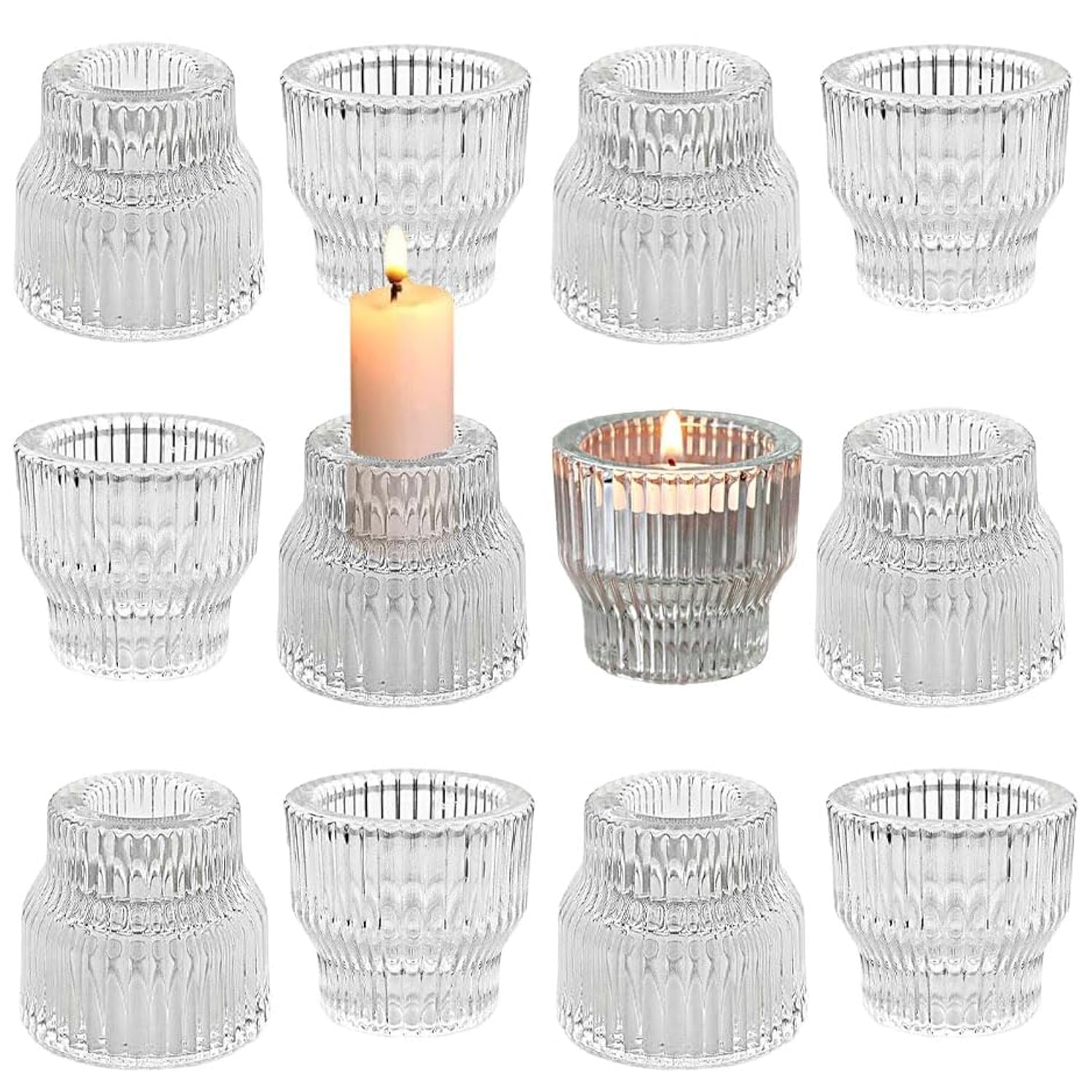 Portavelas transparentes, de cristal, juego de 12, candelabros cónicos, portavelas votivos reversibles para ceras de poste y pilar, dos tamaños diferentes (12)