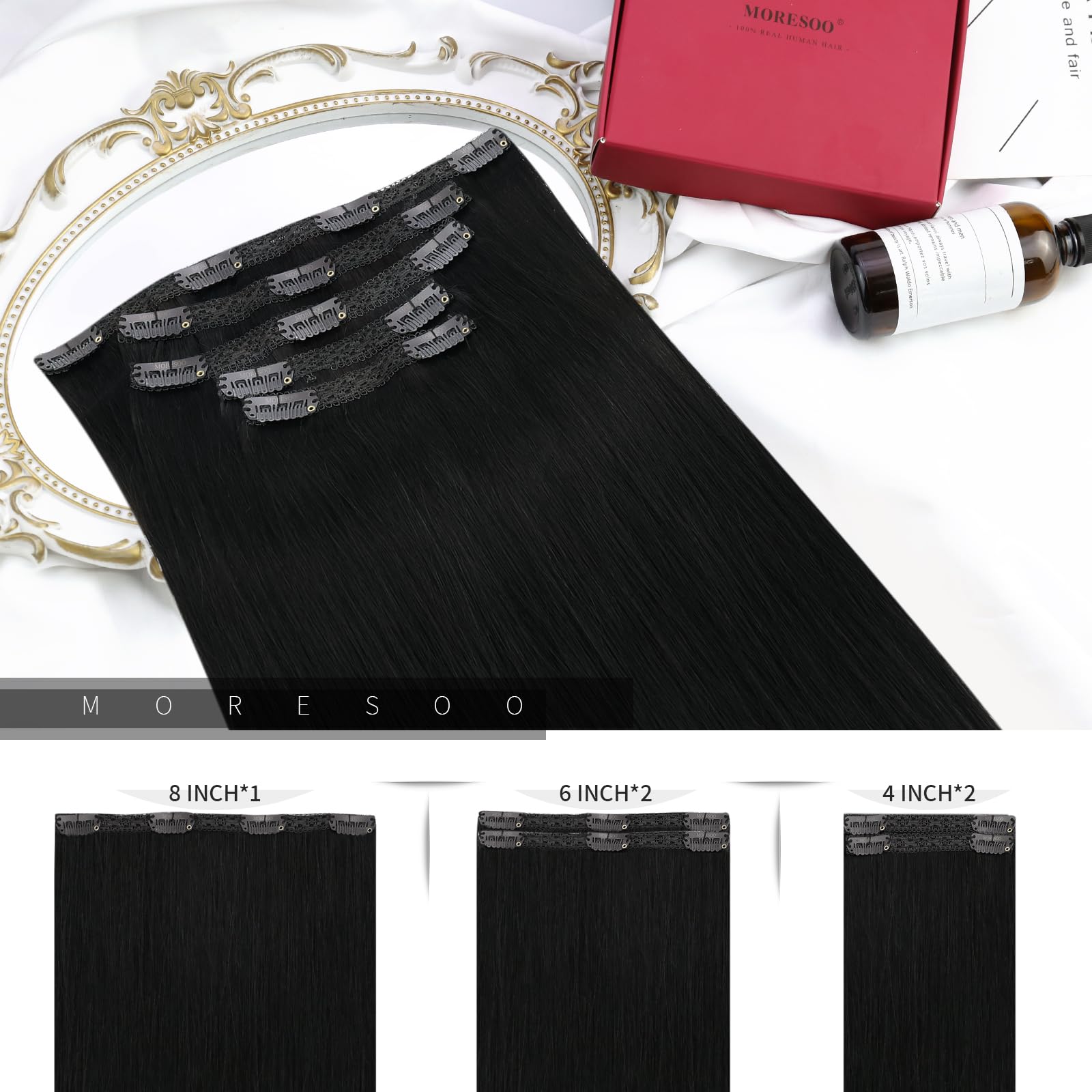 Moresoo Clip in Hair Extensions Real Human Hair 20 Inch Jet Black Clip in Human Hair Extensions Black Straight Human Hair for Women Adding Volume Natural Looking 5pcs/80G #1 - Image 3