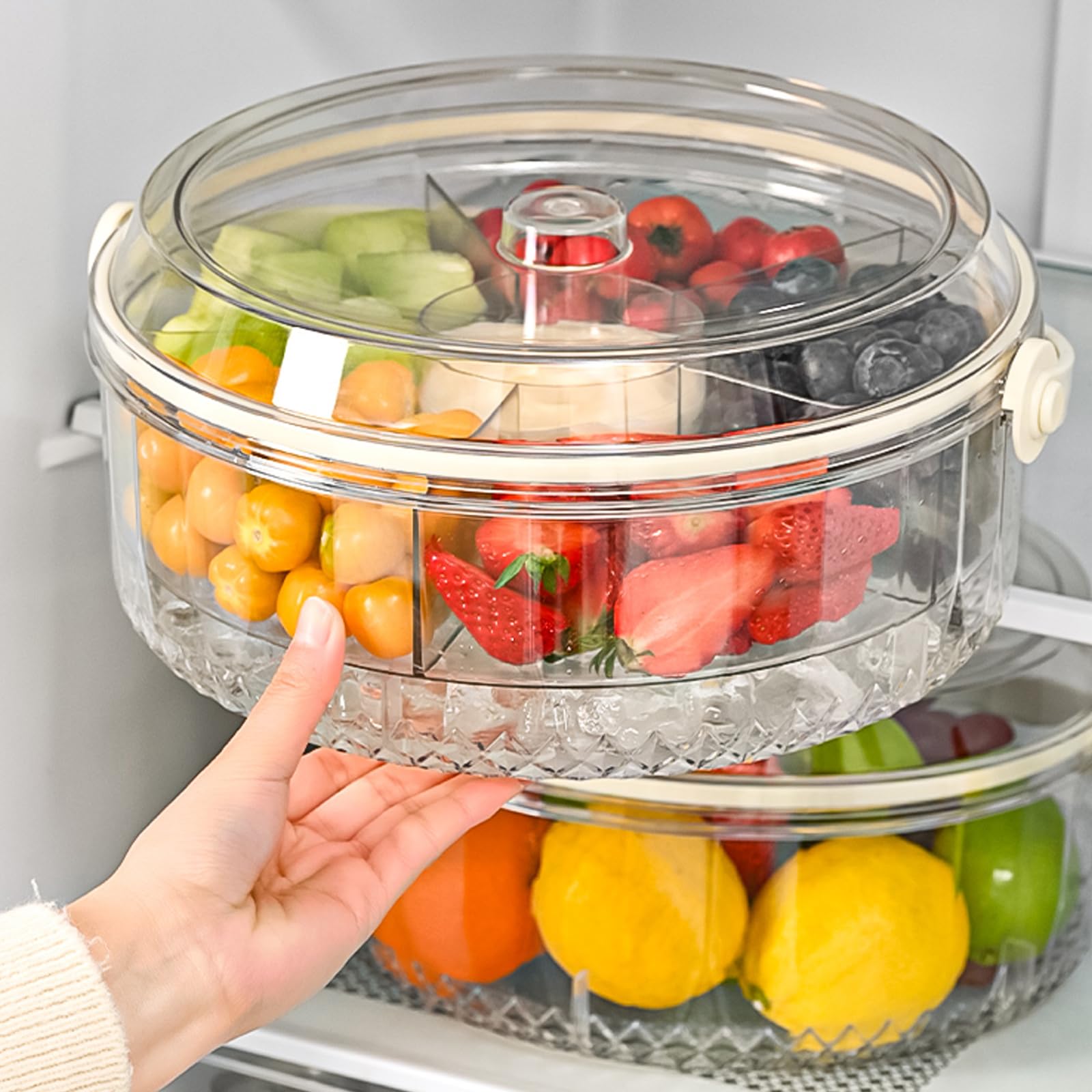 Runde geteilte, versiegelte Eiswürfelform mit Deckel für gekühltes Obst, Gemüse, Sushis, Snacks, Organizer und Party-Servierungen