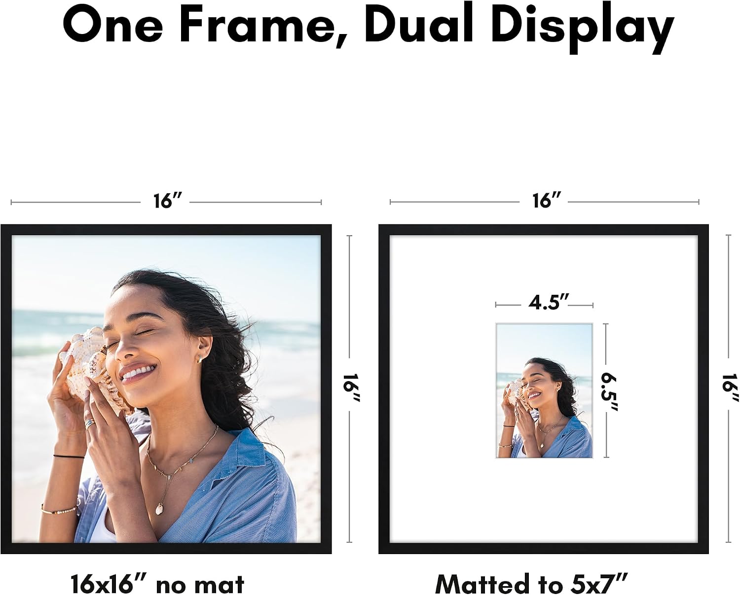 Americanflat 16x16 Picture Frame with Polished Plexiglass - Use as 5x7 Frame with Mat or Display 16x16 Photo Without Mat - Streamline Collection - Thin Border Square Frames for Wall Display - Black