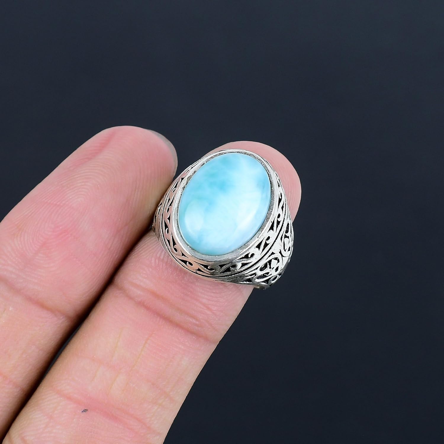Men’s Larimar Gemstone Ring Silver Plated Oval Vintage Filigree Signet Ring Handmade Statement Boho Jewelry Gift for Husband Boyfriend