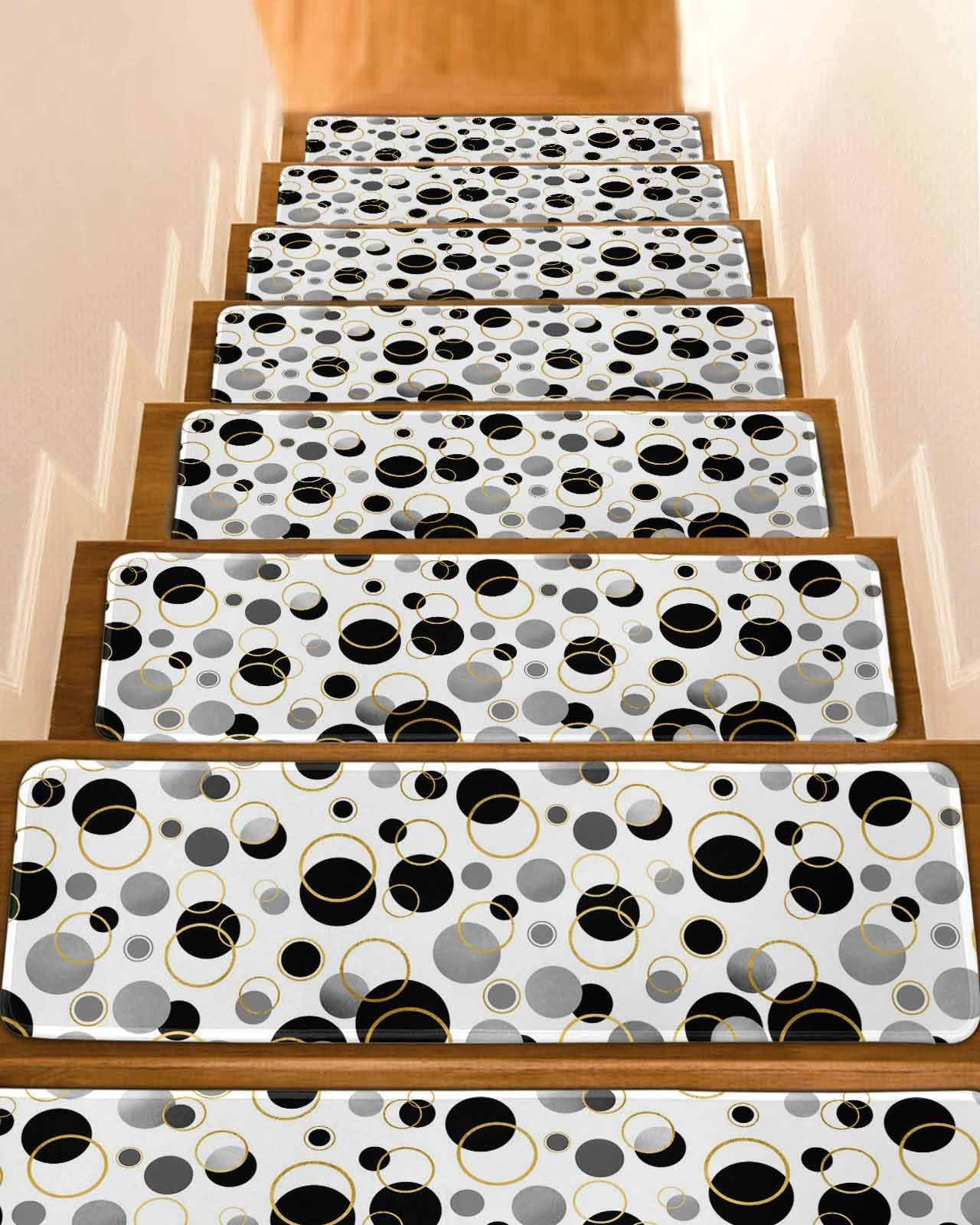 Stair Treads for Wooden Steps Indoor, Abstract Geometric Black Gray Staircase Step Treads Non Slip Carpet Stair Runner for Kids Elders Dogs Pets, Retro Watercolor Circles Washable Mat 10 Pack
