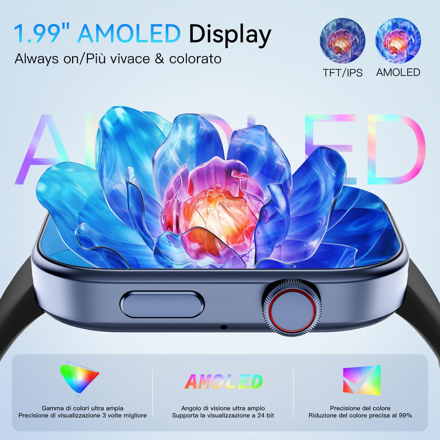 Orologio Smartwatch Uomo Donna 1,99" HD AMOLED Watch con Chiamate Bluetooth e Voce AI, 115+ Sports con Contapassi Monitor del Sonno SpO2 e della Frequenza Cardiaca Impermeabile 3ATM per Android e iOS