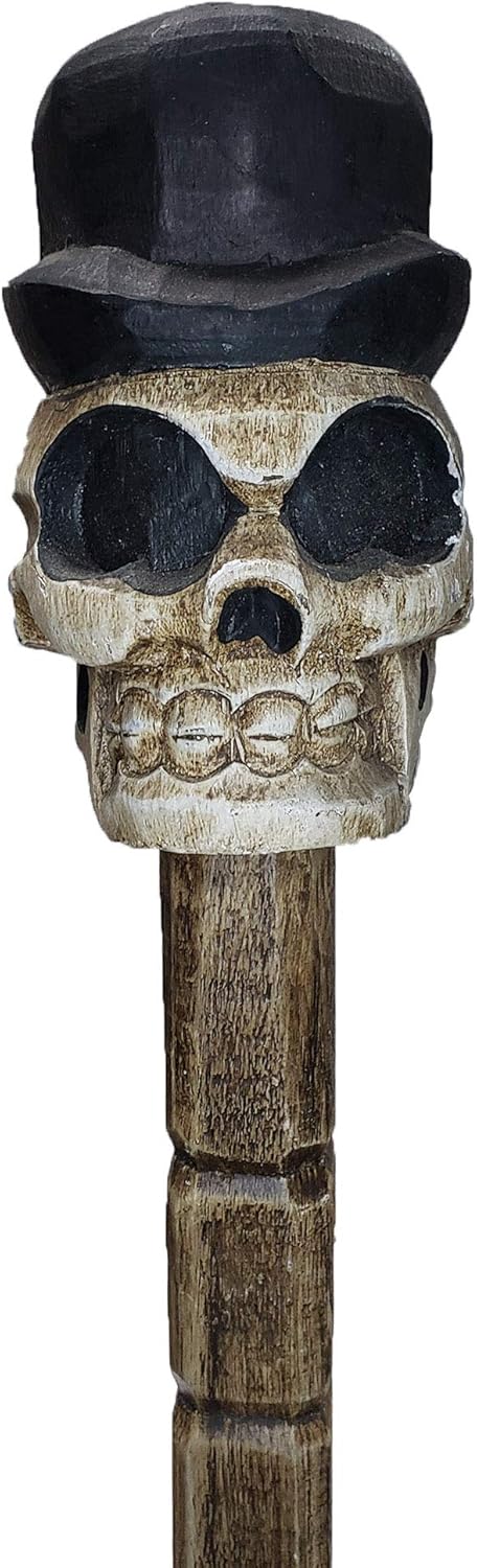 Halloween Skull Head Cane Stick Pirate Day of the Dead Home Décor Indoor Outdoor Garden Hand Carved Wood 40 Inches (Pony)