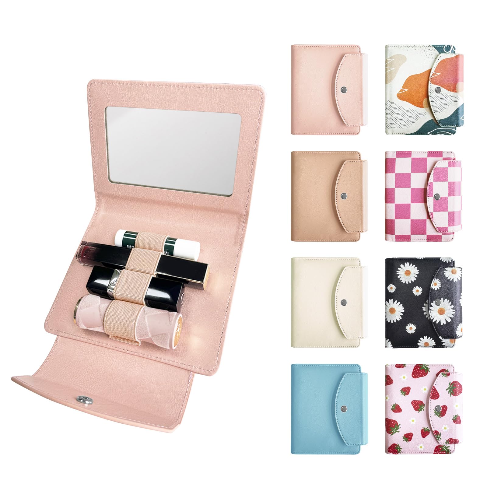LAOTANGJIA PU Lipstick Case Holder with Mirror Holds 4pcs of Long Lipsticks Lipstick Holder Makeup Travel Cases Organizer Bag for Outside Mini Bag