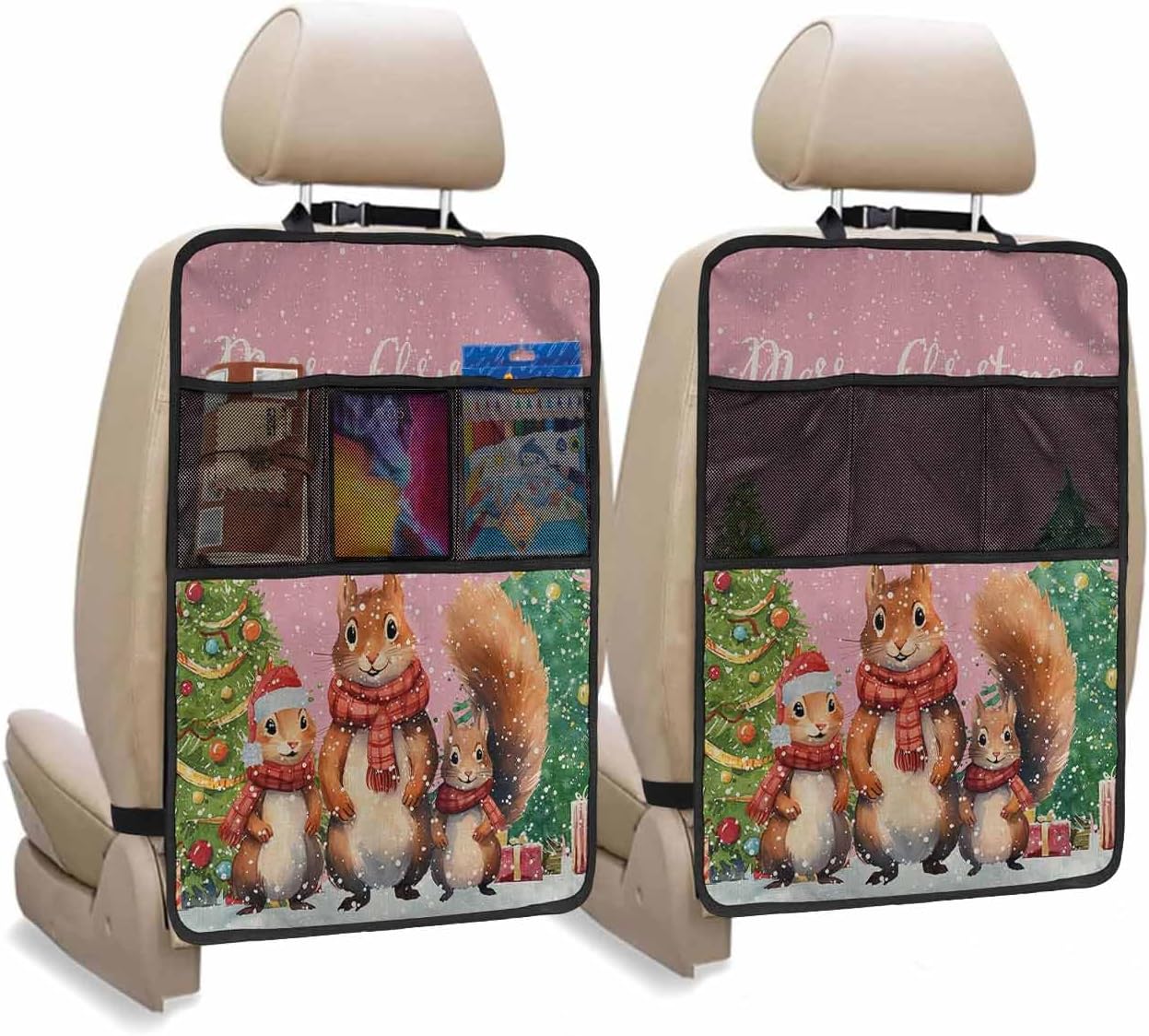 Car Seat Protector, 2 Pack Kick Mats with Organizer - 3 Pocket Storage, Retro Grey Christmas Squirrel Branch Ball Snowflake Back Seat Cover for Kids Universal Fit Automotive Interior Protectors