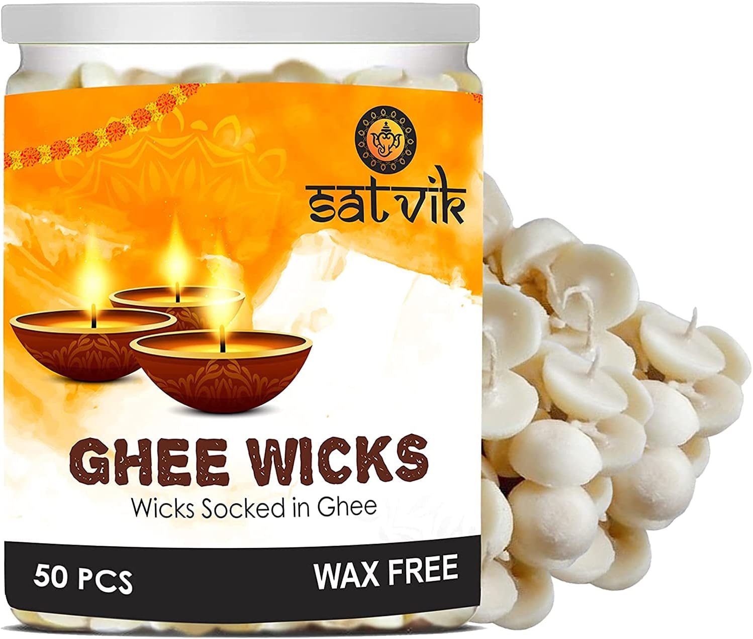 SATVIK 50 Pc Pure Ghee Wicks for Puja (Upto 30 Mins) Pooja Home and Mandir. Nitya Pujan Readymade Ghee Jyot Jyoti Pujan Indian Housewarming Return Gift Items Accessories. Diwali Cotton Wicks