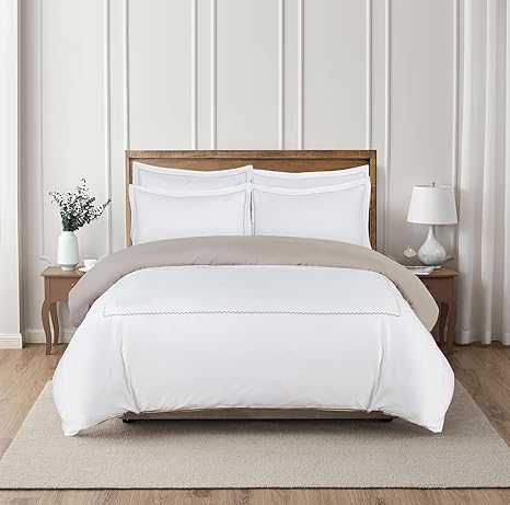 Majestic Giftware Madison Linen 4 Pcs 48" Full Size Duvet Bedding Set (BL54-48F-4pcs) Normandy - Taupe 400 TC 100% Cotton Sateen |1 Fitted Sheet, 1 Duvet, 2 Pillowcases - Noble Collection