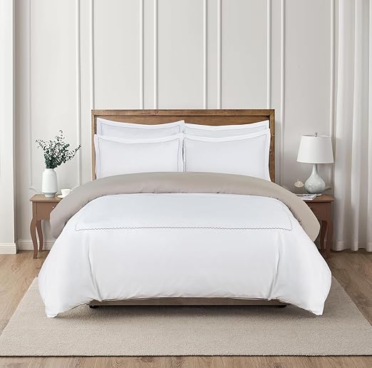 Majestic Giftware Madison Linen 4 Pcs 48" Full Size Duvet Bedding Set (BL54-48F-4pcs) Normandy - Taupe 400 TC 100% Cotton Sateen |1 Fitted Sheet, 1 Duvet, 2 Pillowcases - Noble Collection