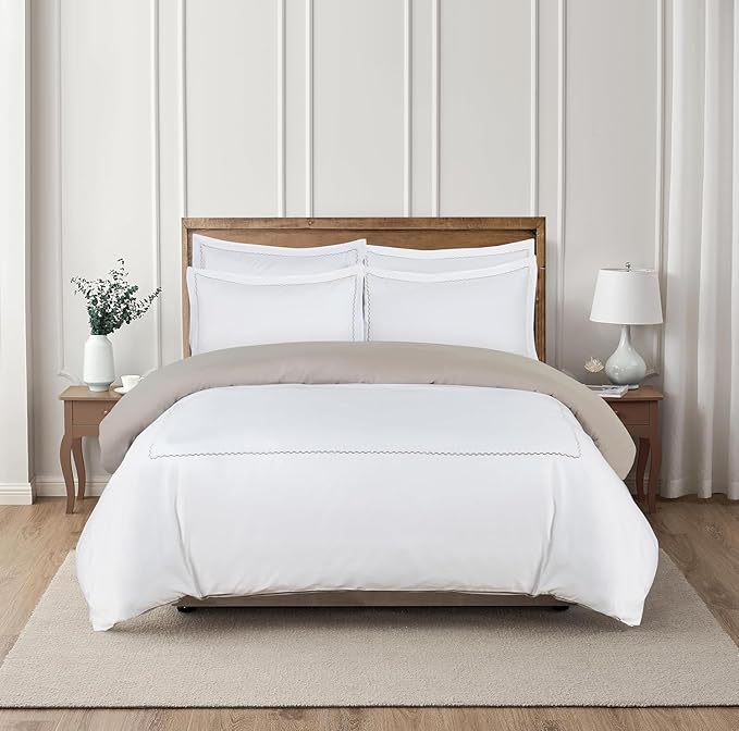 Majestic Giftware Madison Linen 4 Pcs 48" Full Size Duvet Bedding Set (BL54-48F-4pcs) Normandy - Taupe 400 TC 100% Cotton Sateen |1 Fitted Sheet, 1 Duvet, 2 Pillowcases - Noble Collection