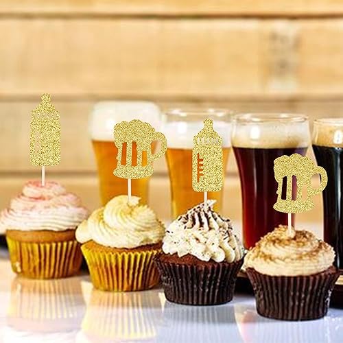 Miniatura 4 de 30 piezas de biberones y tazas de cerveza para cupcakes con purpurina dorada para biberones y cupcakes, selecciones para celebrar baby shower,