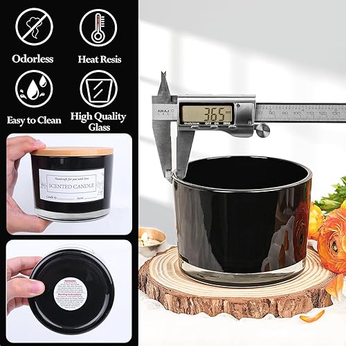 Miniatura 20 de CONNOO Paquete de 6 tarros de vela de 16 onzas, 3 mechas de vidrio vacío transparente de boca ancha, vienen con tapas de bambú, etiquetas de Tapas