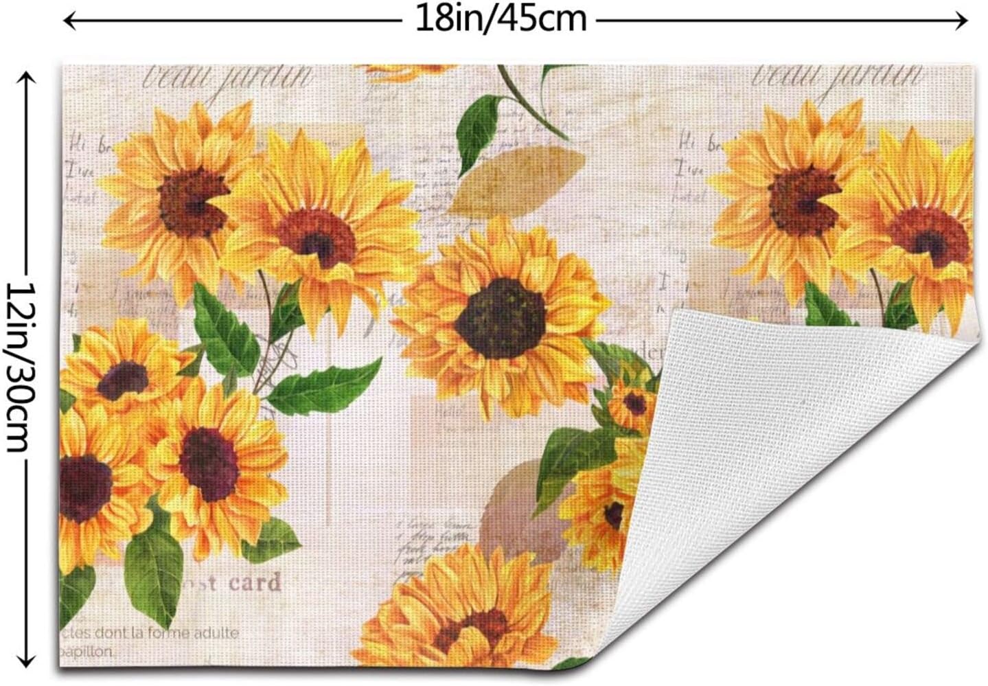 Vintage Grunge Yellow Sunflower Floral Placemats Set of 6 PVC Yellow Sunflowers Flowers Old Letters Table Mats Non-Slip Heat Resistant Place Mats Washable for Home Kitchen Dining Table
