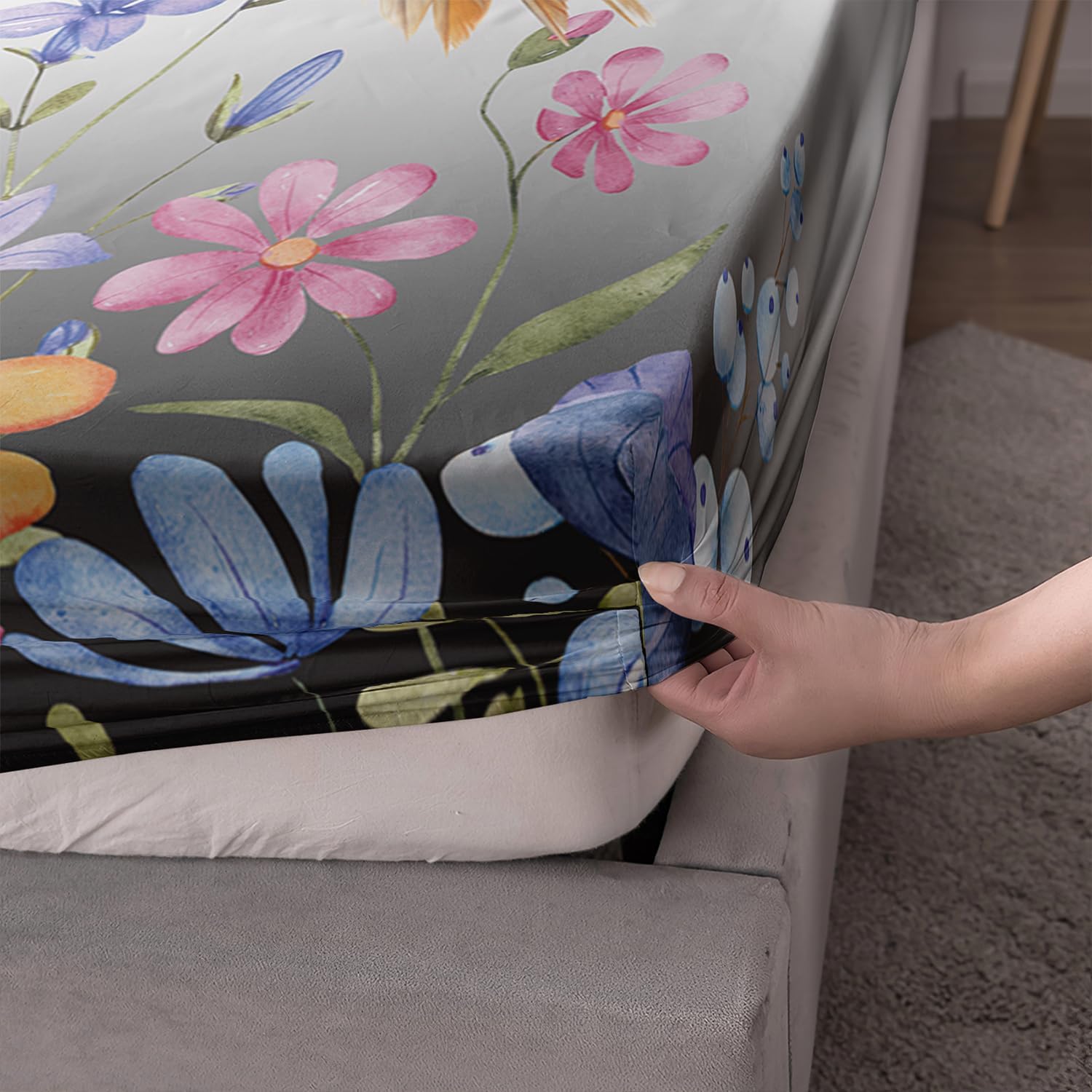 AILONEN Hummingbird Fitted Sheet Set Queen Size, 3D Colorful Flowers Hummingbird Bedding Set for All Ages,Black Watercolor Wild Animals Theme Bed Sheet Set,1 Fitted Sheet 2 Pillowcases,3-Piece