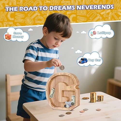 Miniatura 102 de Alcancía de madera con letras de madera, alcancía para niños y niñas, grande, 26 letras del alfabeto, banco de dinero personalizado con nombre