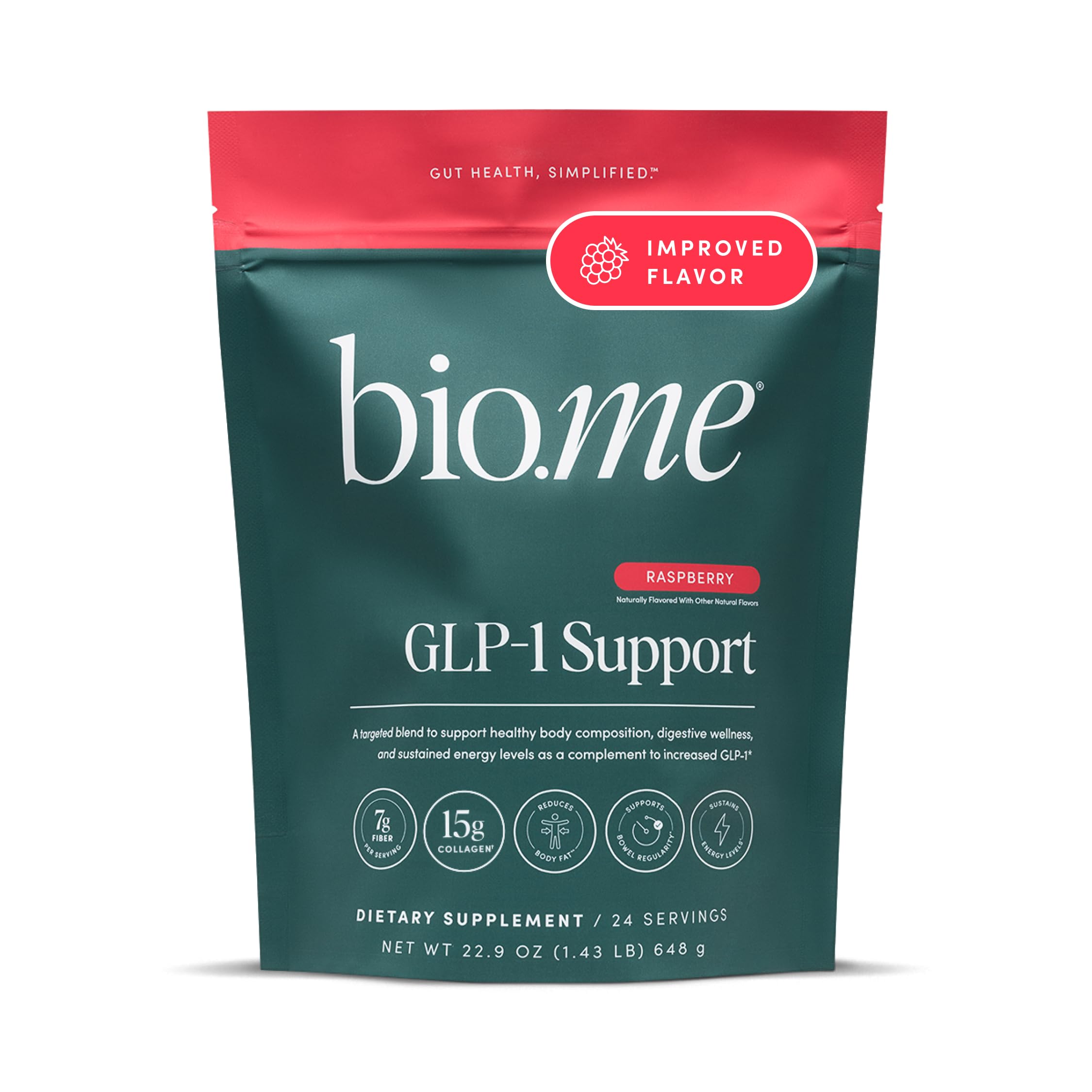 Bio.me GLP-1 Support – Multi-Benefit GLP-1 Powder for Weight Management & Digestive Health – Sustain Energy Levels - 7g Fiber, 14g Collagen Protein & Digestive Enzymes – 24 Servings (Raspberry)