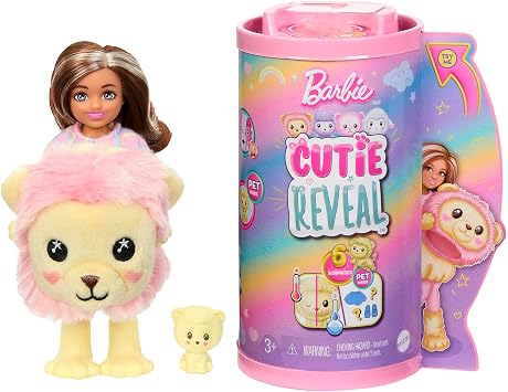 Barbie Cutie Reveal Chelsea Doll - 6 Surprises Plush Baby Lion Fashions Colour Changing Fun for Children from 3 Years HKR21