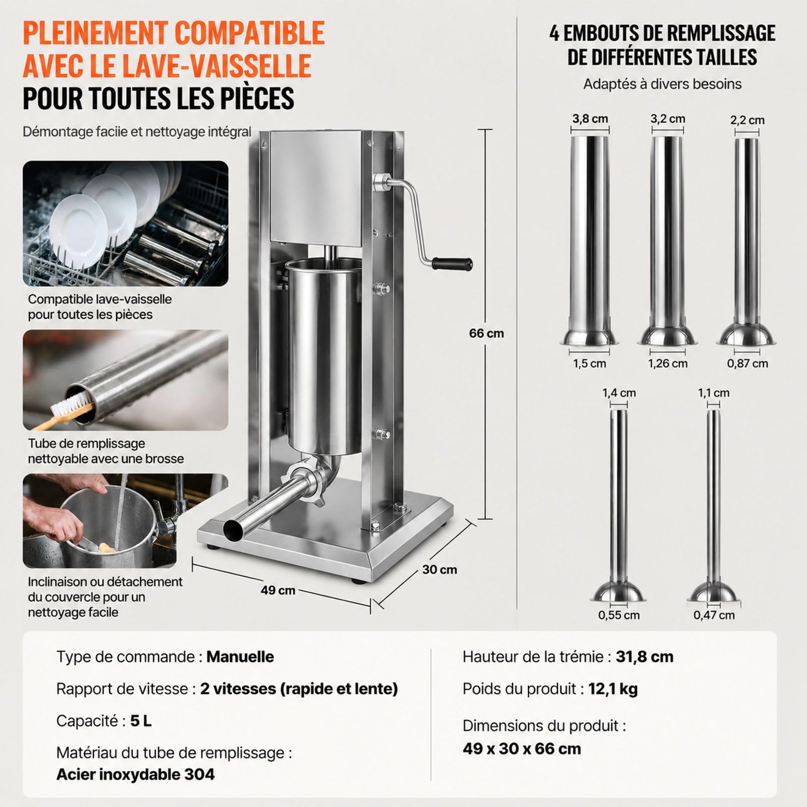 Poussoir à saucisses manuel vertical 5 L en acier inoxydable avec 5 tubes de remplissage pour cuisine domicile et restaurant