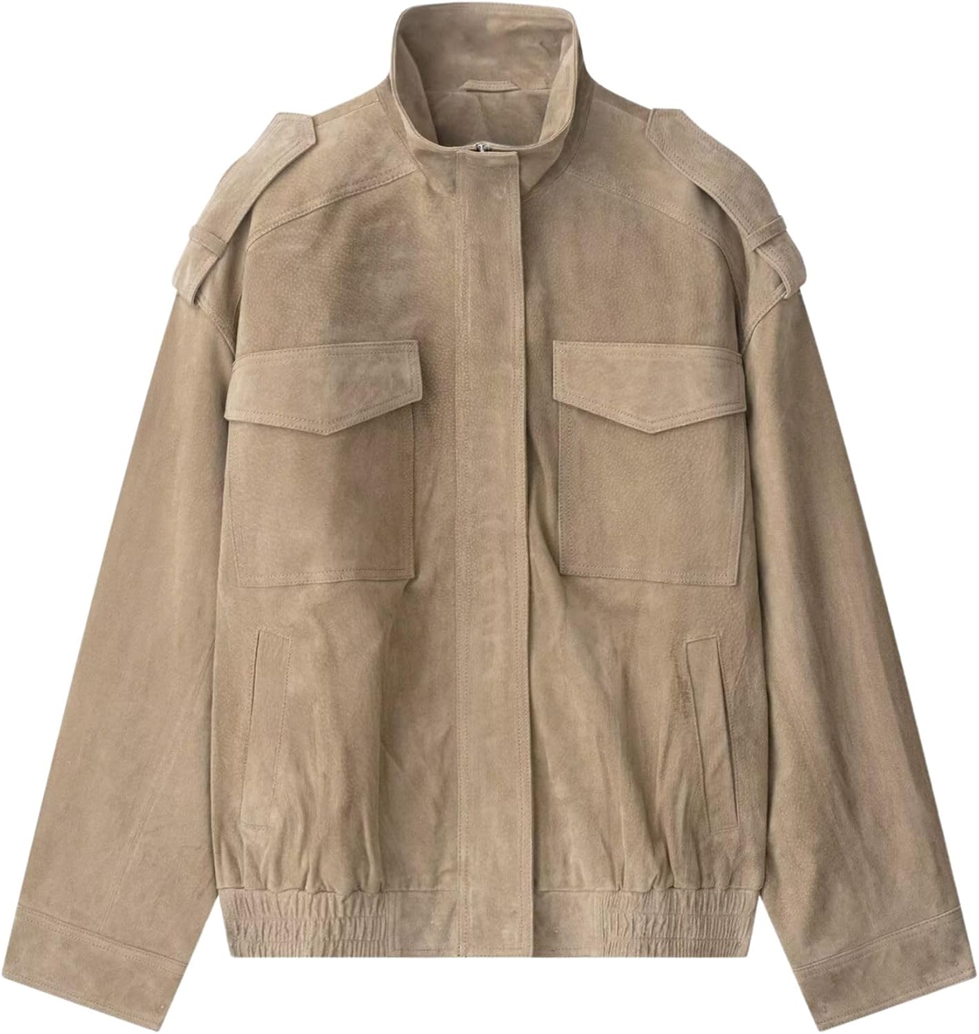 FindThy Women’s Suede Leather Jacket Vintage High Collar Long Sleeve Zip Up Oversized Outerwear Coat with Pockets