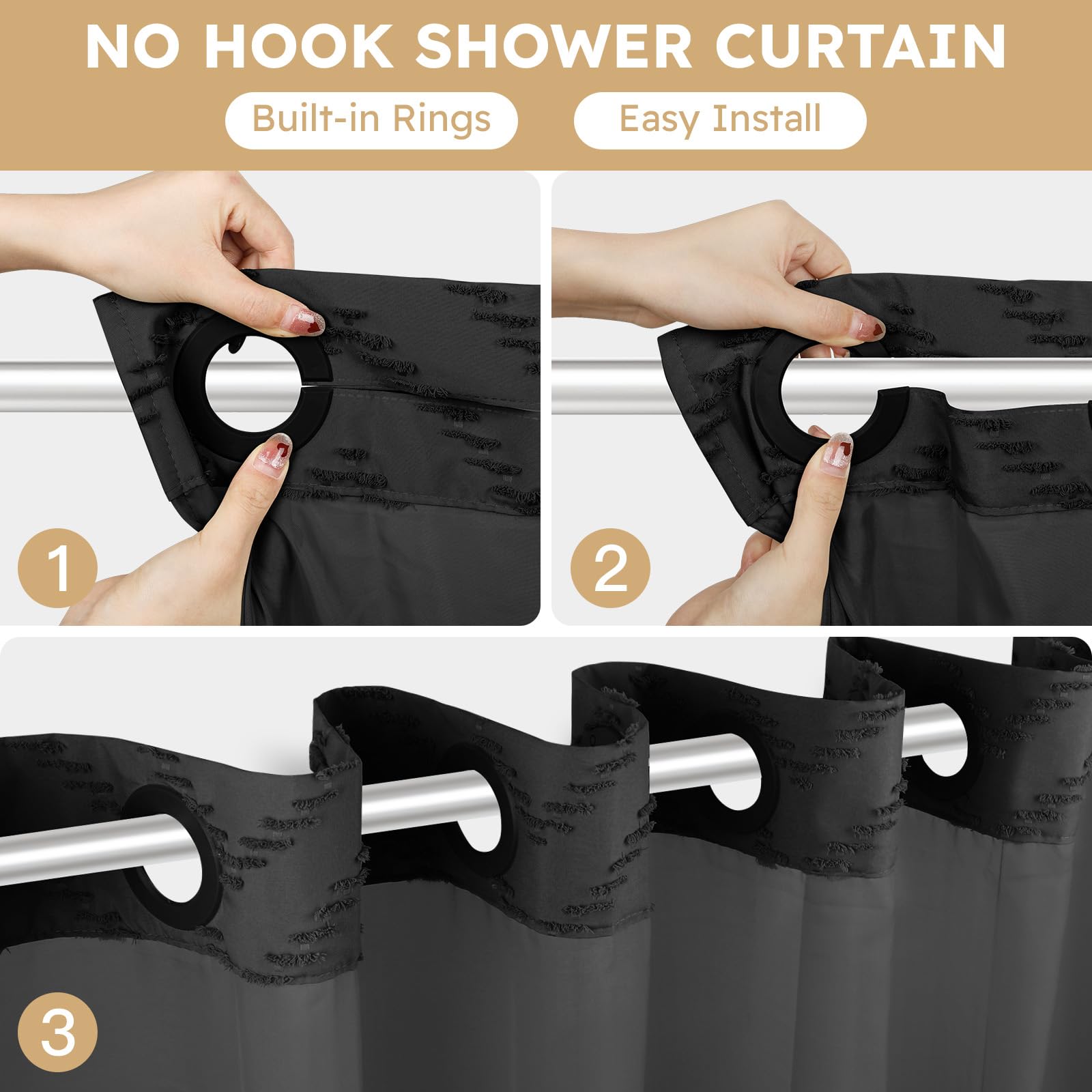 FADOTY No Hook Shower Curtain and Liner Set, Black Snap in Shower Curtain Ringless Chevron Tufted Cloth Waterproof Washable Fabric Bath Curtain with See Through Top Window for Bathroom Hotel 71
