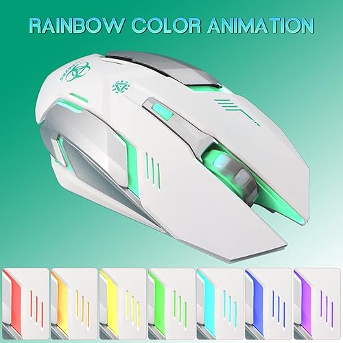 Miniatura 7 de VEGCOO Ratón inalámbrico blanco para juegos, mouse inalámbrico de clic silencioso con 3 niveles DPI, mouse de computadora recargable con luces LED