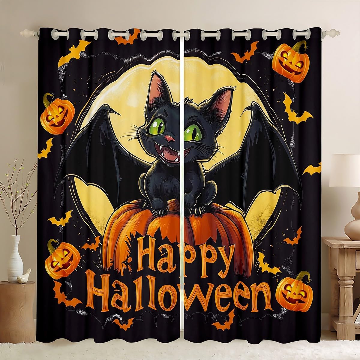 Manfei Happy Halloween Kids Blackout Curtain,Moon Night Gothic Pumpkin Window Drapes for Boys Girls,Cartoon Cat Jungle Bat Trippy Animal Black Window Treatments Grommet Top 2 Panel Set,42Wx90L inch